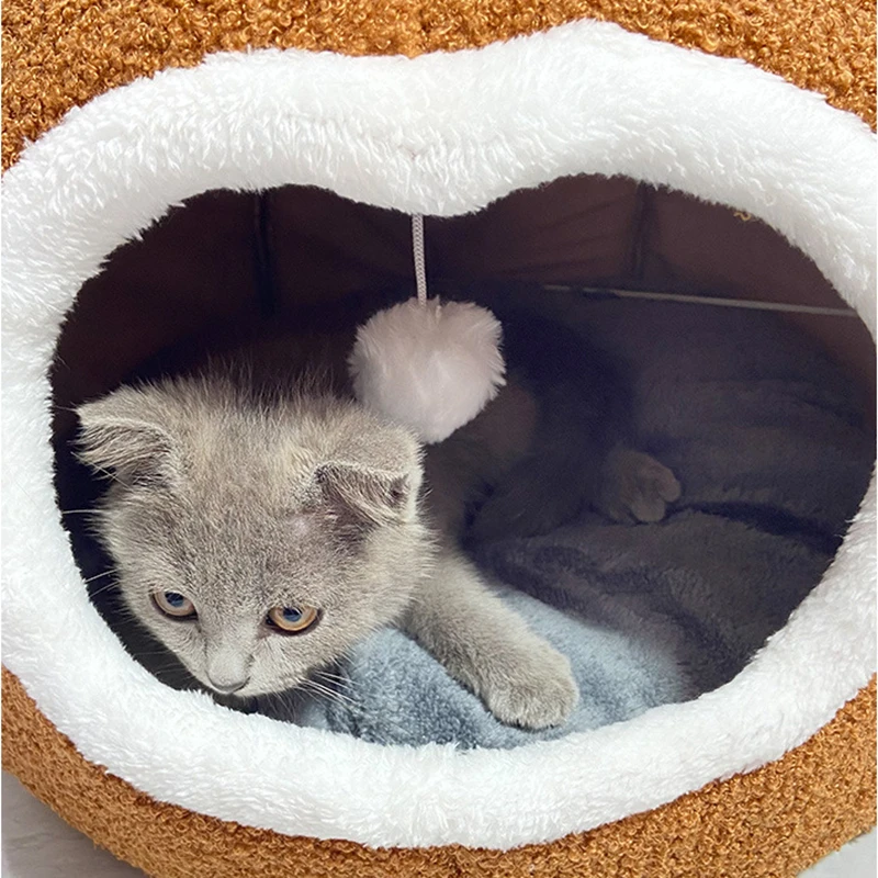 Brown Cat Bed Warm Pet House Soft Long Plush Kitten Lounger Cushion Small Dogs Tent Cave Beds For Cozy Cat House Mat Supplies