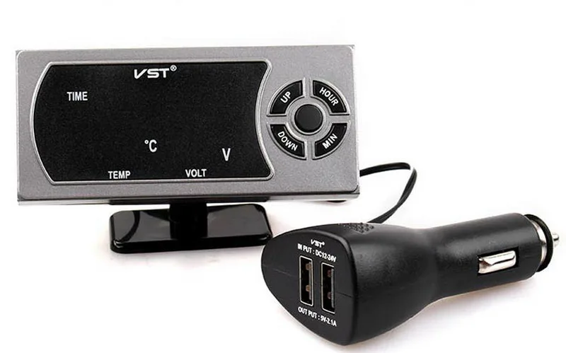 Car Dual USB Charger LED Screen Voltmeter Thermometer Time Display 12-24V Car Phone Charger