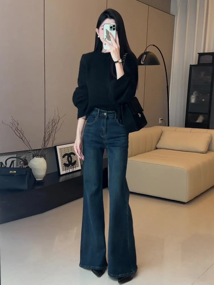 حجم كبير Fce اصطف ثي واسعة الساق الجينز المرأة الخريف الشتاء عالية الخصر التخسيس نحيل الجينز متوهج طماق