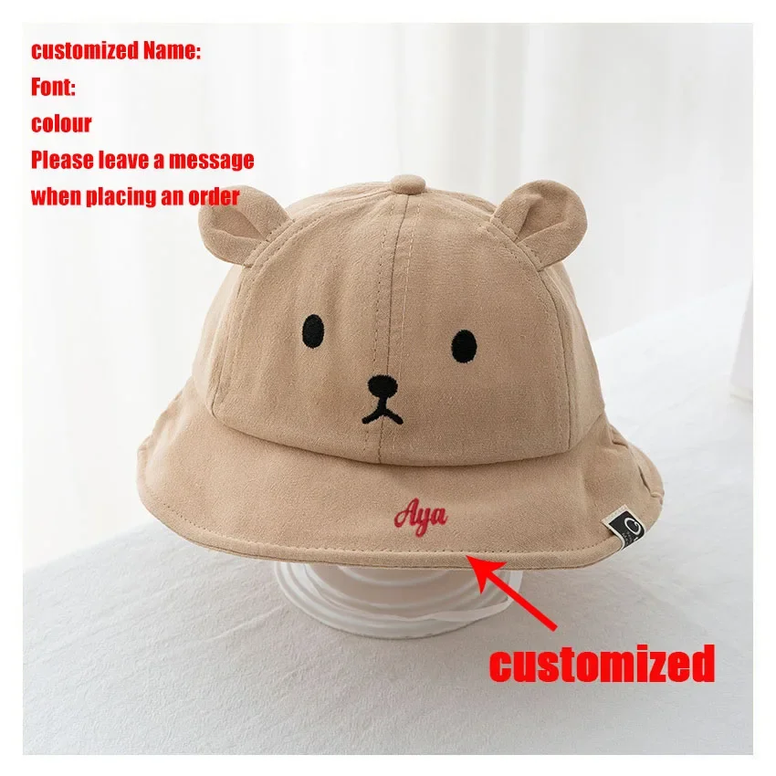 Personaliseer Schattige Beer Baby Emmer Hoed Met Oren Jongen Meisje Katoen Kid Zonnehoed Outdoor Zomer Kind Panama Cap Aangepaste Baby Naam