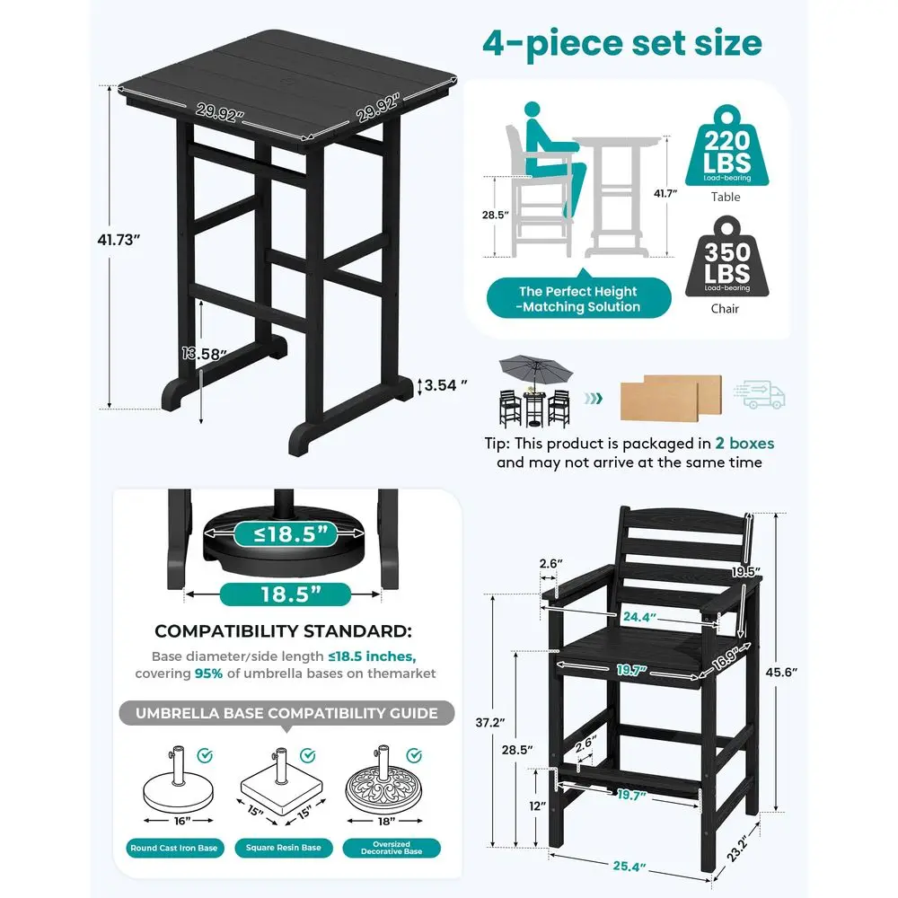 

4 Pieces Outdoor Patio Bar Set with 9ft Umbrella, Outdoor HDPE Barstool and Table Furniture Set with Patio Umbrella, Black