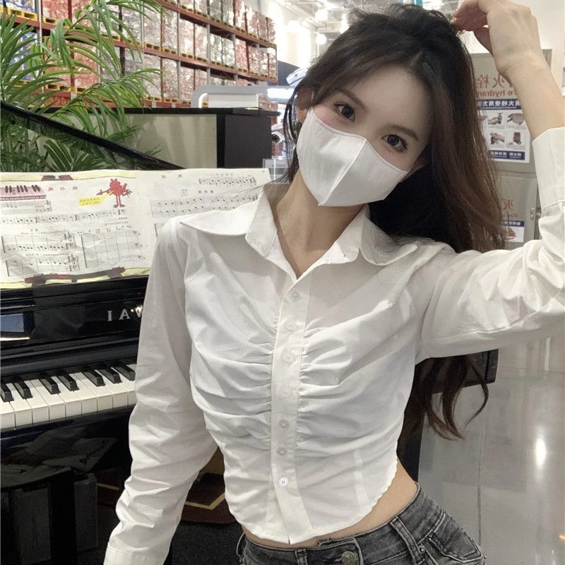 Shirts Women Autumn Korean Style Blue Fashion Tender Causal All-match High Quality Solid Simple Slim Fit Soft Sexy Folds Chic