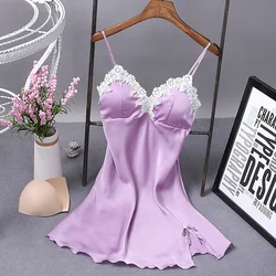 Ladies Sexy Silk Satin Night Dress Sleeveless Embroidery Nighties V Neck Nightgown Nightdress Lace Sleepwear Nightwear for Women