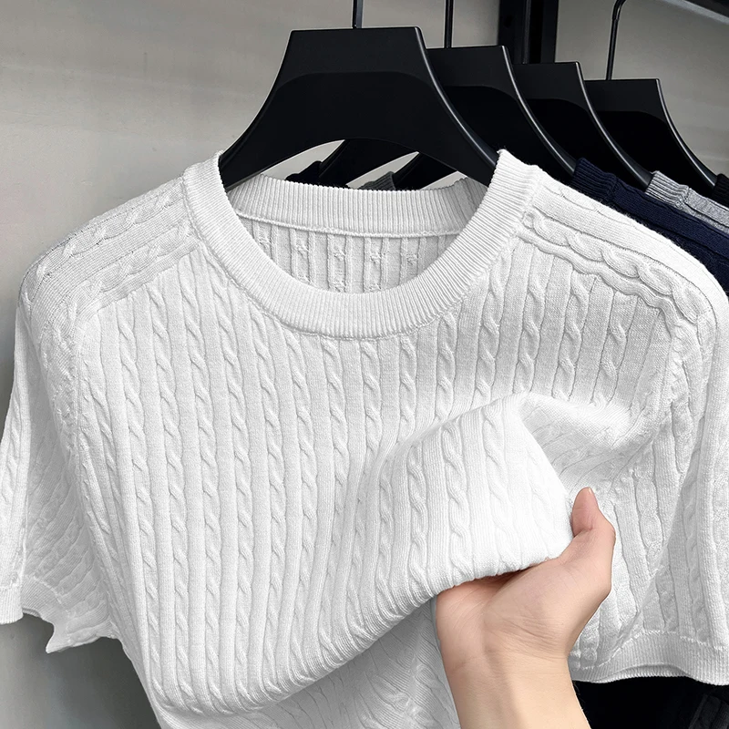 High Quality Knitted Short Sleeve T-Shirt Men New Fashion Solid Color Jacquard Casual Round Neck Soft Comfort Light Luxury Top