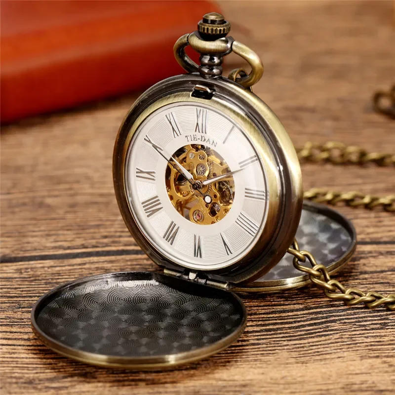 Bronze Railway Hand Wind Mechanical Pocket Watch Running Steam Train FOB Chain Double Hunter Pendant Clock Men Women Gift