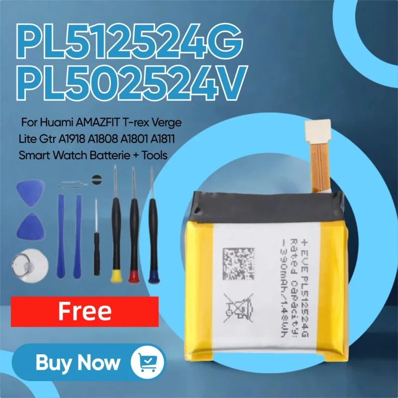 

390mAh PL512524G PL502524V Battery For Huami AMAZFIT T-rex Verge Lite Gtr A1918 A1808 A1801 A1811 Smart Watch Batterie + Tools