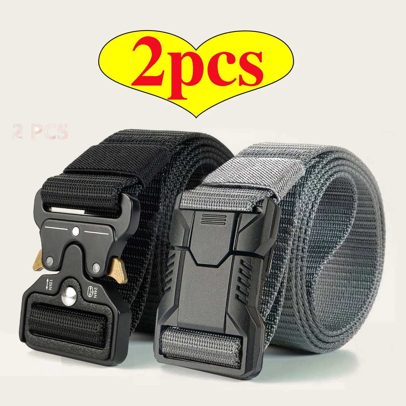 2Pcs Men Quick‑Release Nylon Tactical Belt, Adjustable Wear‑Resistant Waist Strap For Outdoor Work Jeans Pants
