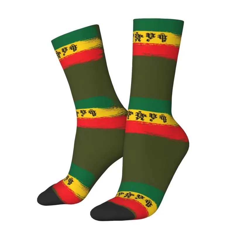 Ethiopia Flag With Ethiopian Amharic Men's Crew Socks Unisex Kawaii Rasta Jamaica Proud Spring Summer Autumn Winter Dress Socks