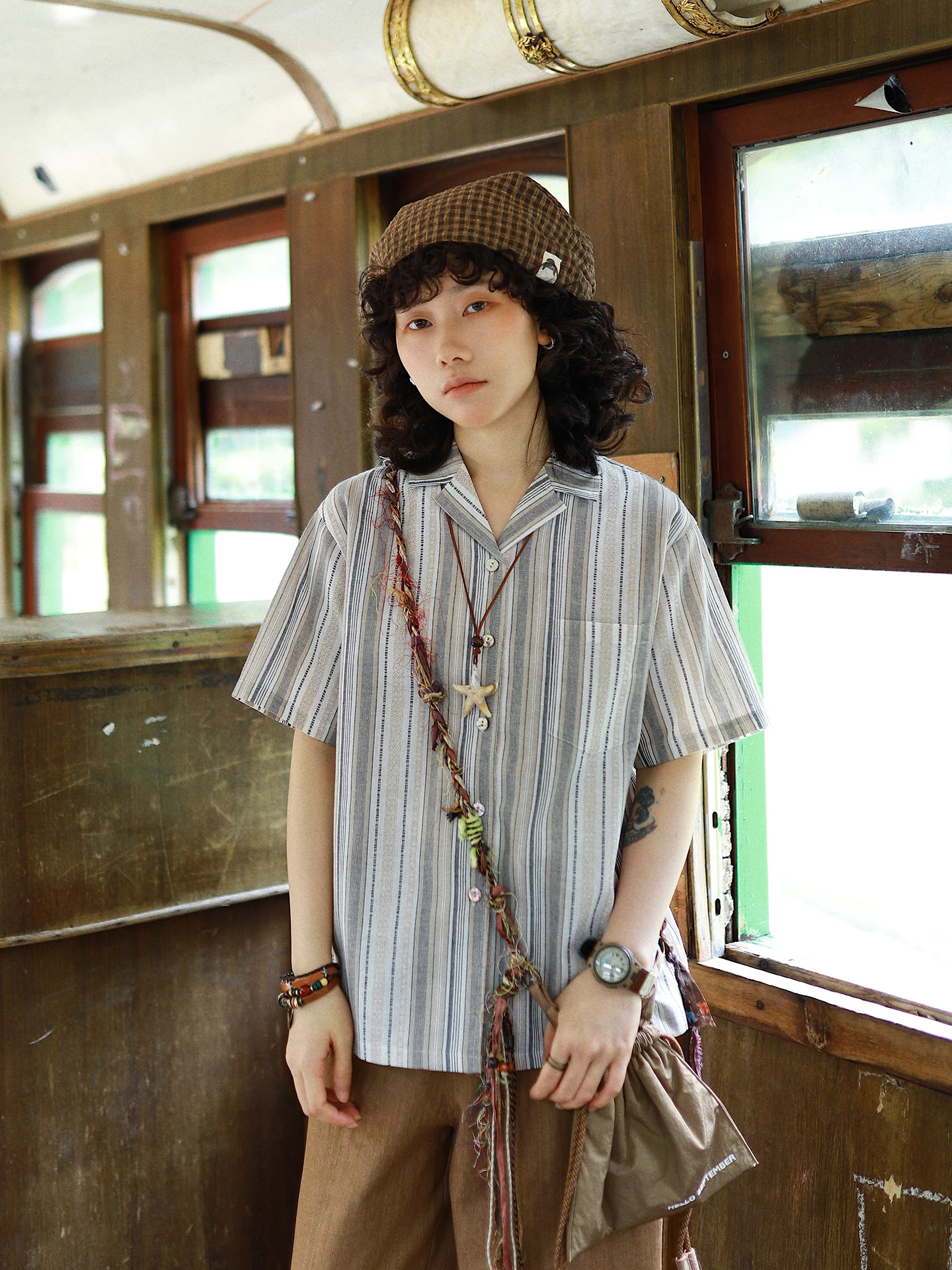 

Ashita Stu Original Vintage Striped Shirt Women Summer Loose Cuban Collar Short Sleeve Top Breathable Skin-Friendly Casual Shirt