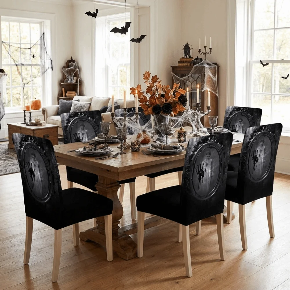 Full Cover Halloween Chair Covers Dust-proof Vintage Scary Dining Chair Slipcovers Decorative Spooky Ghost Chair Protector