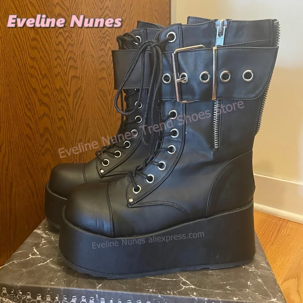 Women Gothic Platform Wedge Motorcycle Boots Punk Buckle Strap Lace Up Side Zipper Mid Calf Boots Cosplay Street Style New Trend