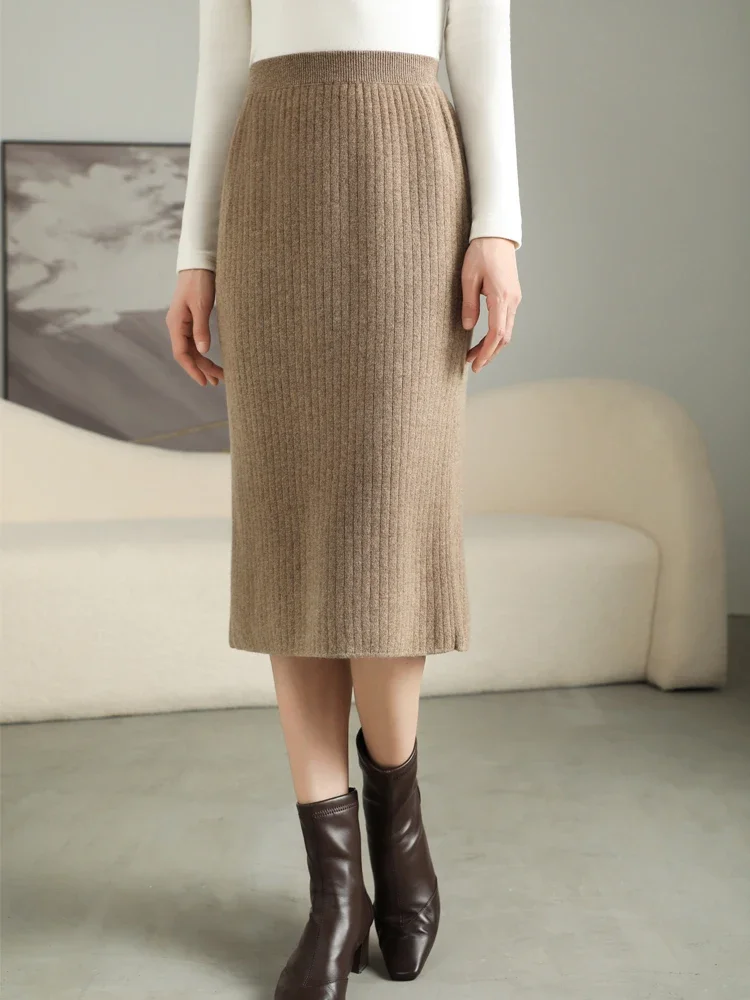 Versatile Women's Bag Skirt 100% Merino Wool Skirt High Waisted Pit Strip Slit Hem Dress Autumn Winter Warm Knitted Sheath Skirt