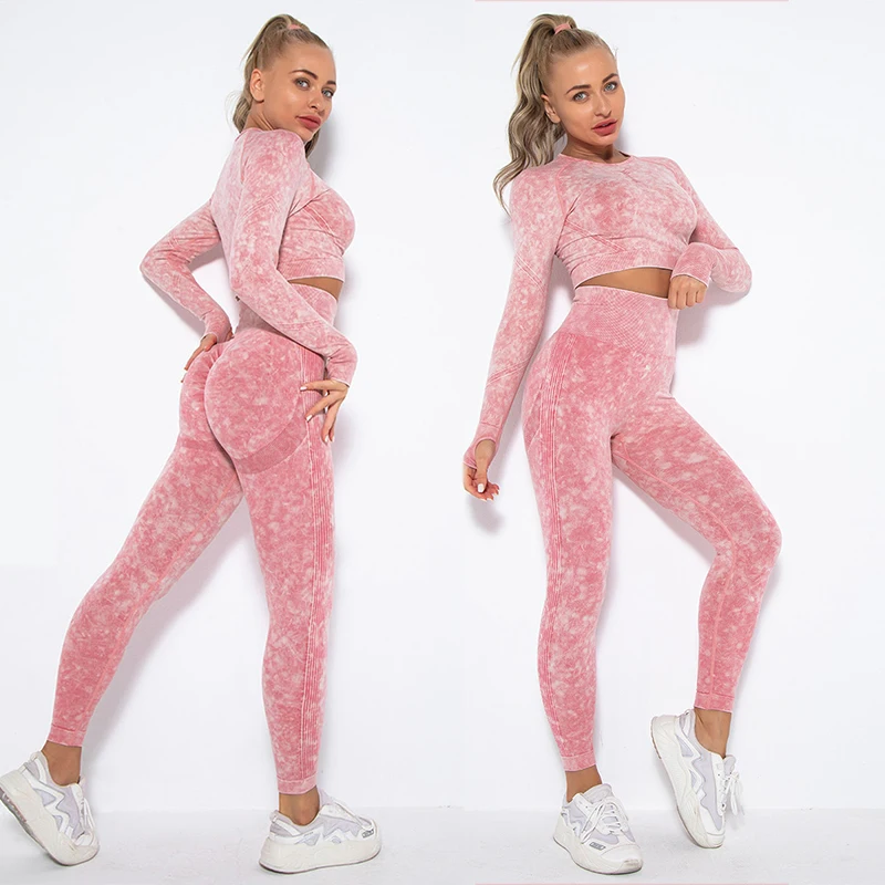 Seamless Sports Suits Women O-neck Crop Tops Long Sleeve Push Up Leggings Sets Gym Wear Summer Two Pieces Sets Tracksuit Feamle