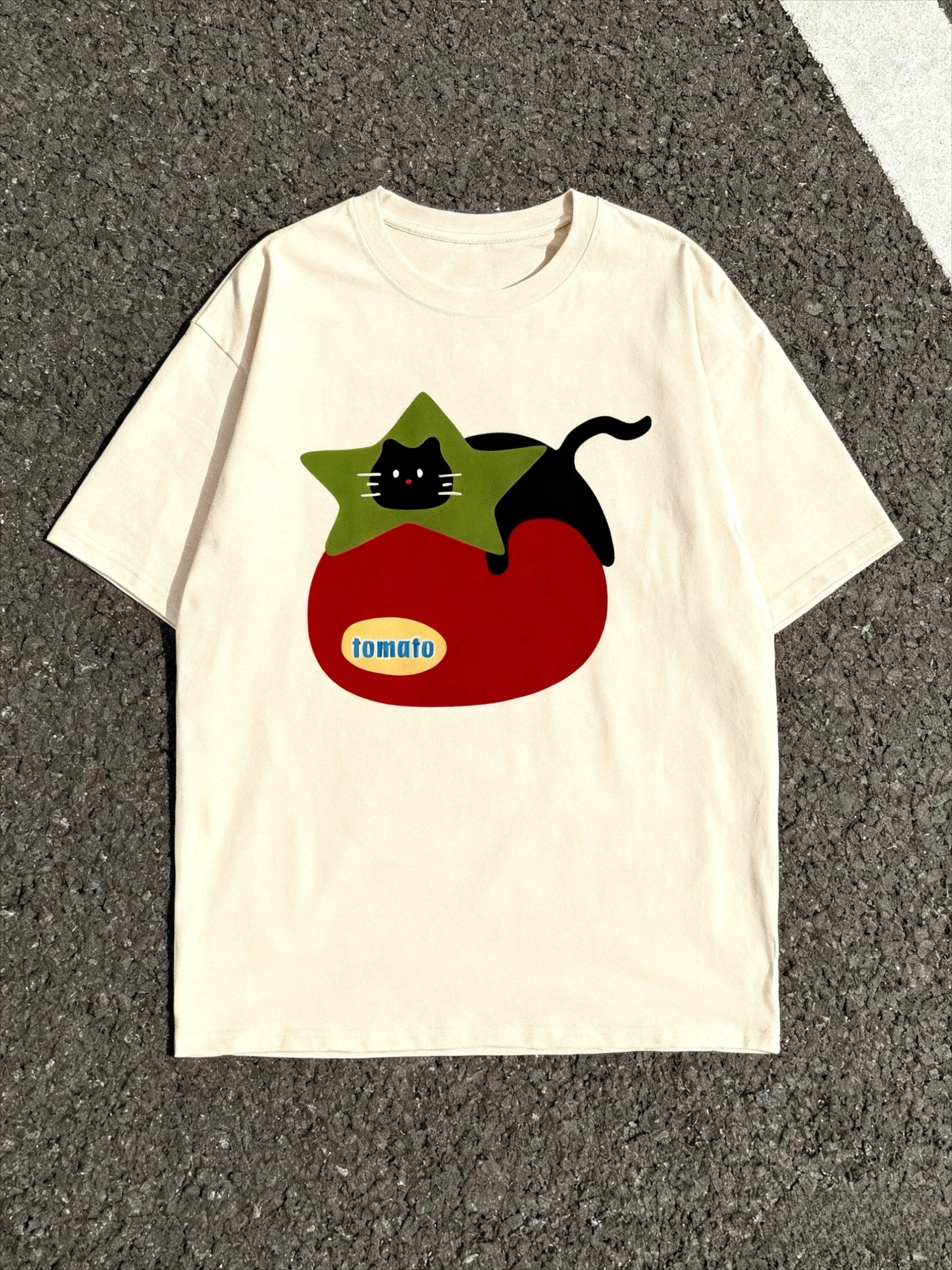

New Model Black Casual Tomato Cat Graphic Printed T-Shirts Round Neck Short Sleeve Relaxed Styles Comfortable Women Tops Y2K