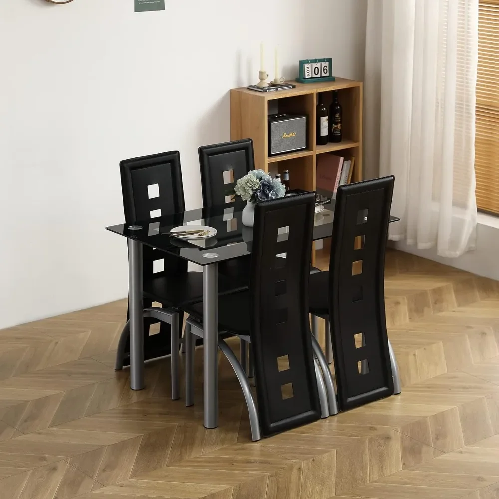 5-delige Eettafelset Met 1 Glazen Eettafel En 4 Pvc-Stoelen, Moderne Eettafel Voor Keuken En Ontbijt