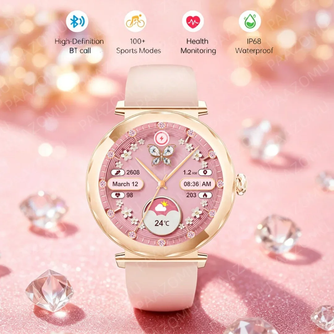 2026 New Ladies Smartwatch Rose Gold Bluetooth Call Heart Rate SpO2 Sleep Monitor Sport Modes IP68 Waterproof Gift for Women