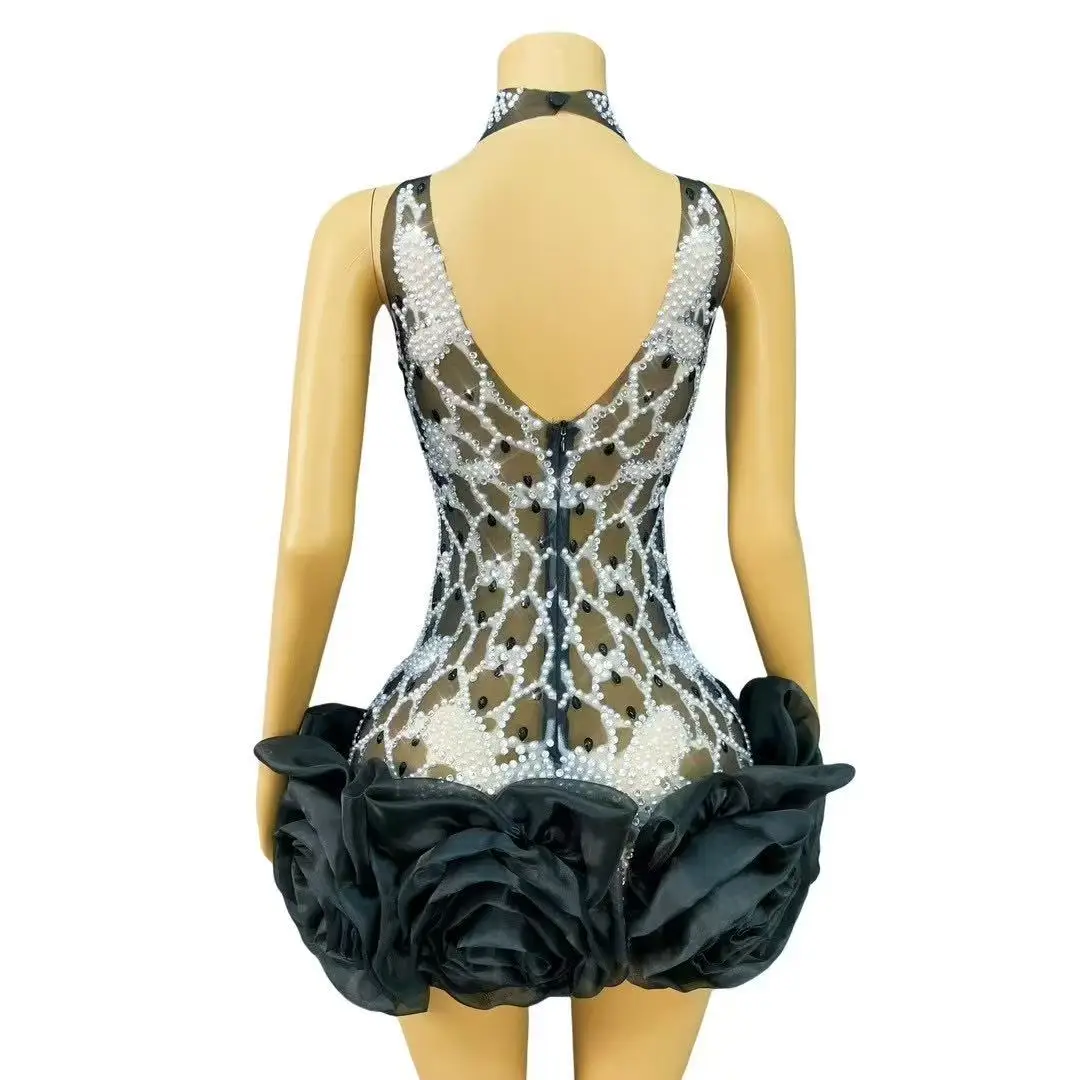 Falda corta Sexy y elegante con perlas y diamantes de imitación para mujer, guantes de malla transparentes para fiesta de graduación y celebración de cumpleaños, ropa de escenario