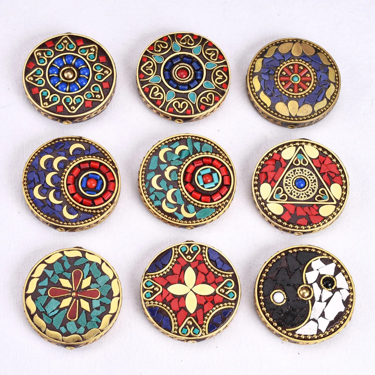 Nepalese Buddhist Handmade Flat Round 44mm Tibetan Brass Metal & Clay Loose Craft Beads for Jewelry Making DIY Necklace