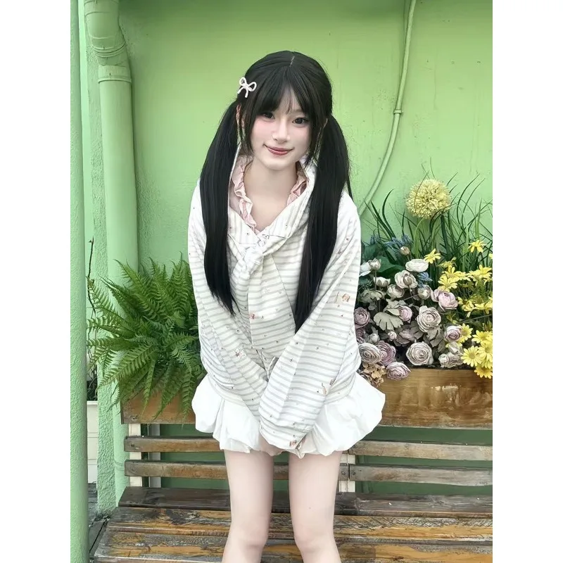 

All-over Cute Coat Korean Style Striped Strap Badge Sweatshirt Autumn Thin Lazy Style Fashion Hoodie