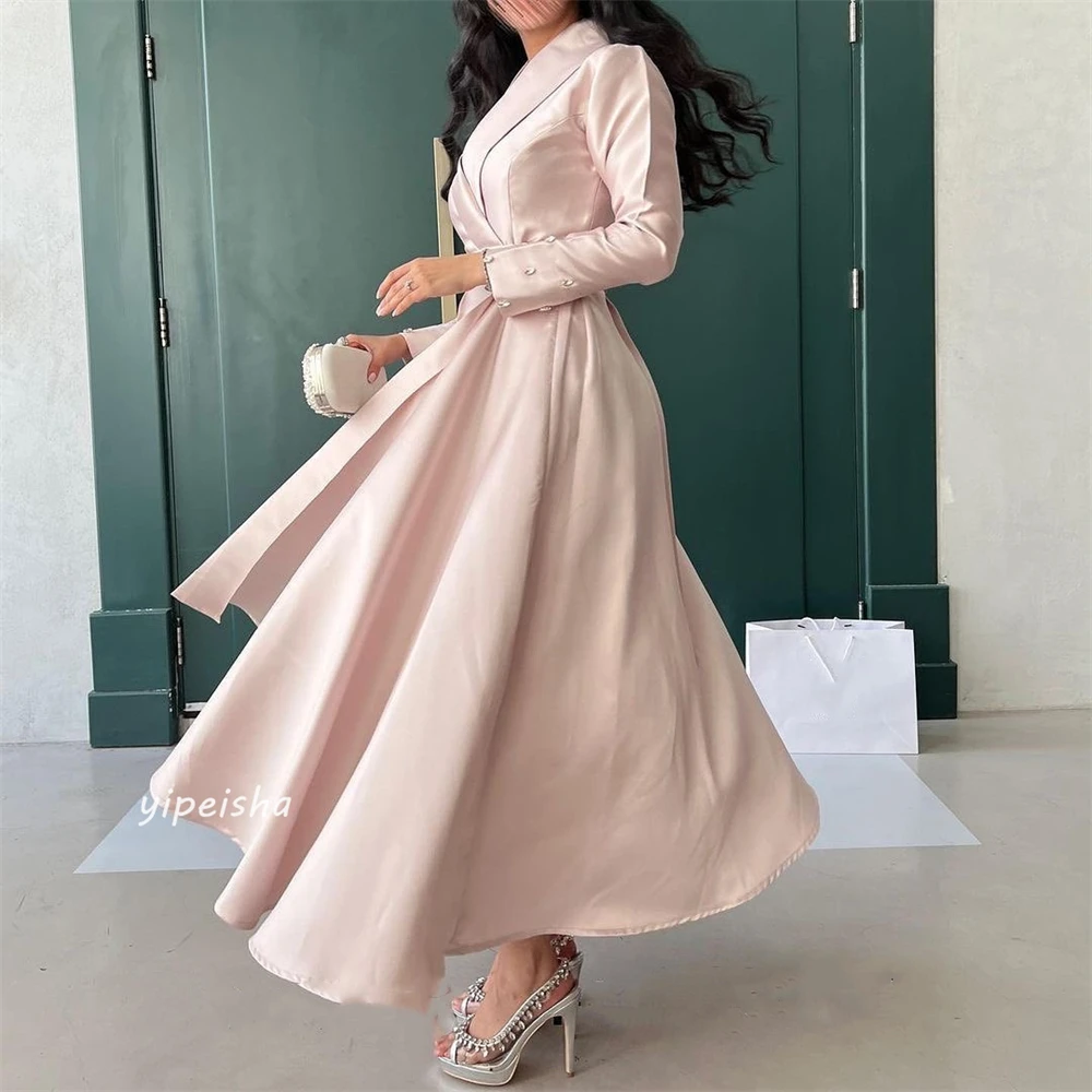 Ball Dress Saudi Arabia Evening Satin Draped Pleat Beading Wedding Party A-line V-Neck Bespoke Occasion Gown Midi Dresses