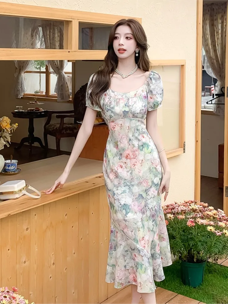 Vestidos de sirena elegantes para mujer, Vestido largo de manga farol con cuello cuadrado, pintura al óleo francesa, elegante, Floral, cumpleaños, Verano