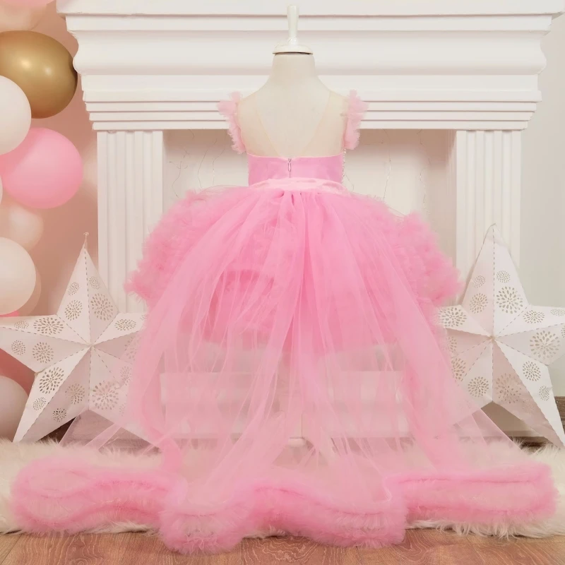 Flower Girl Dresses Pink Tulle Puffy Pearl Top Tiered Bow With Long Tailing Sleeveless For Wedding Birthday First Communin Gown