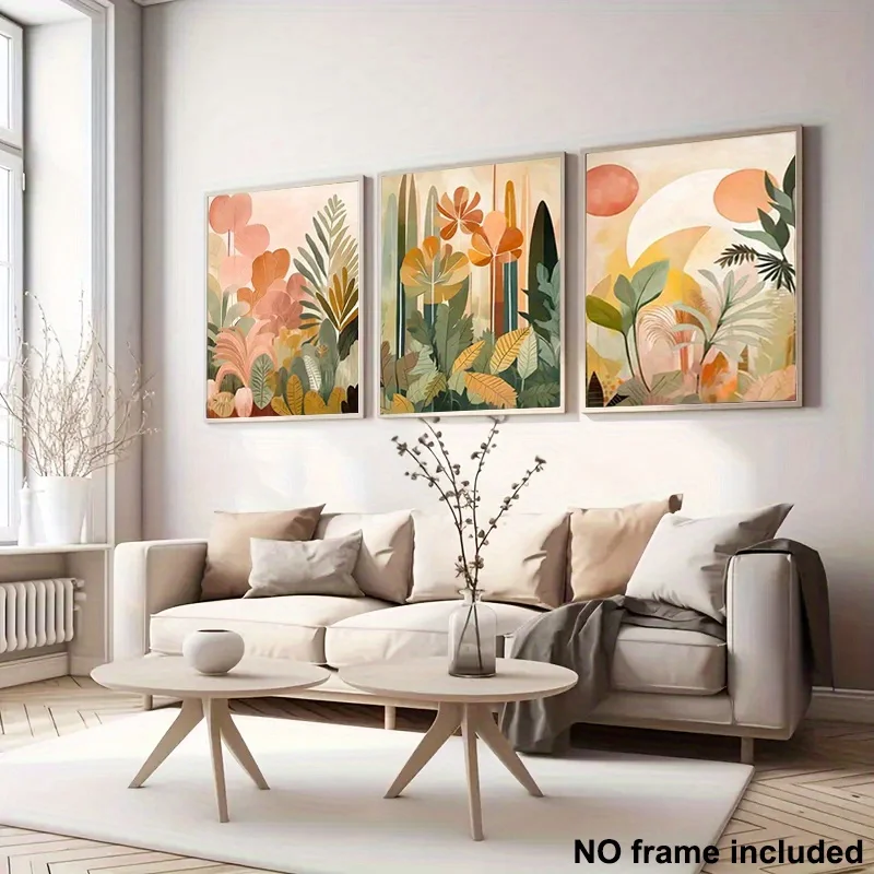 مسطح ثنائي الأبعاد، 3 قطع، مطبوعات قماشية بدون إطار ثنائية الأبعاد، مجموعة فنية لتزيين المنزل مكونة من ثلاثة نباتات ملونة تجريدية وجدار الغابة الاستوائية الأزهار أ