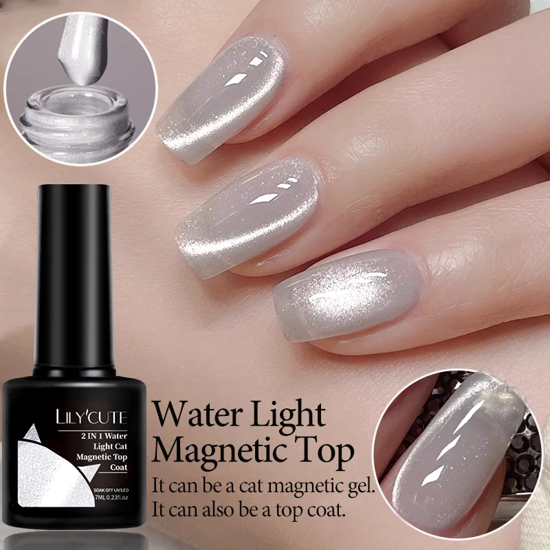 LILYCUTE 7ML Water Light Cat Magnetic Top Coat 2 IN 1 Function Gel Nail Polish Moonlight Magnetic Glitter Soak Off Gel Varnish