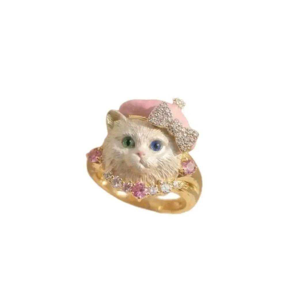 Sweet Adjustable Cute Head Ring Rhinestone Puppy Dog Head Ring Vintage Alloy Animal Ring Popular Jewelry