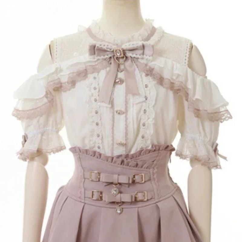 

Японские милые блузки в стиле Лолиты, женские элегантные рубашки с открытыми плечами и бантом в стиле Лолиты, рубашка JK для девочек, повседневные кружевные топы с оборками, Blusas Mujer