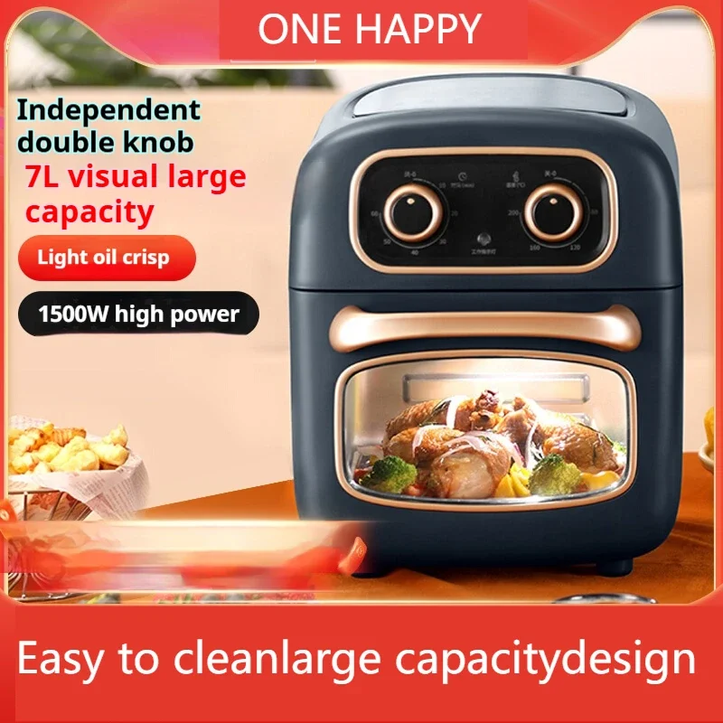 OYLP Visual Air Fryer Oven, 1500W Oil-Free Electric Cooker with Non-Stick Basket & Independent Knobs, Even Heating for Roast【7L】