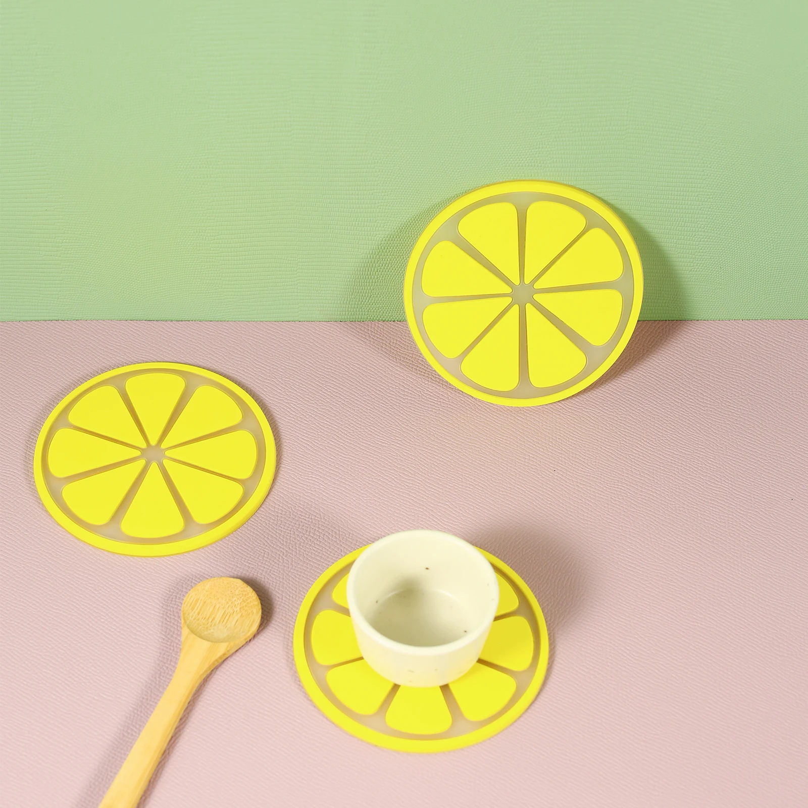 Set of 4 PVC Cute Lemon Coaster, Yellow Round Heat-resistant Mat