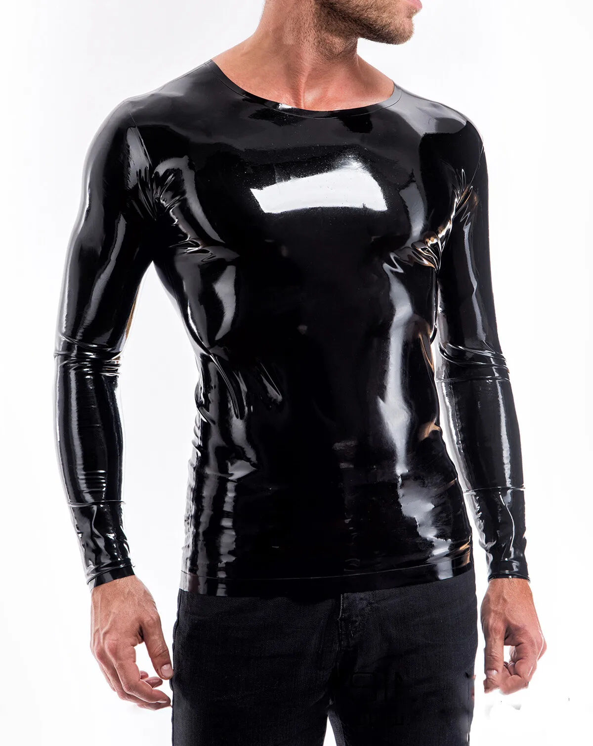 

Men's Latex Tops O-neck Long-sleeved Latex T-shirt Without Zipper