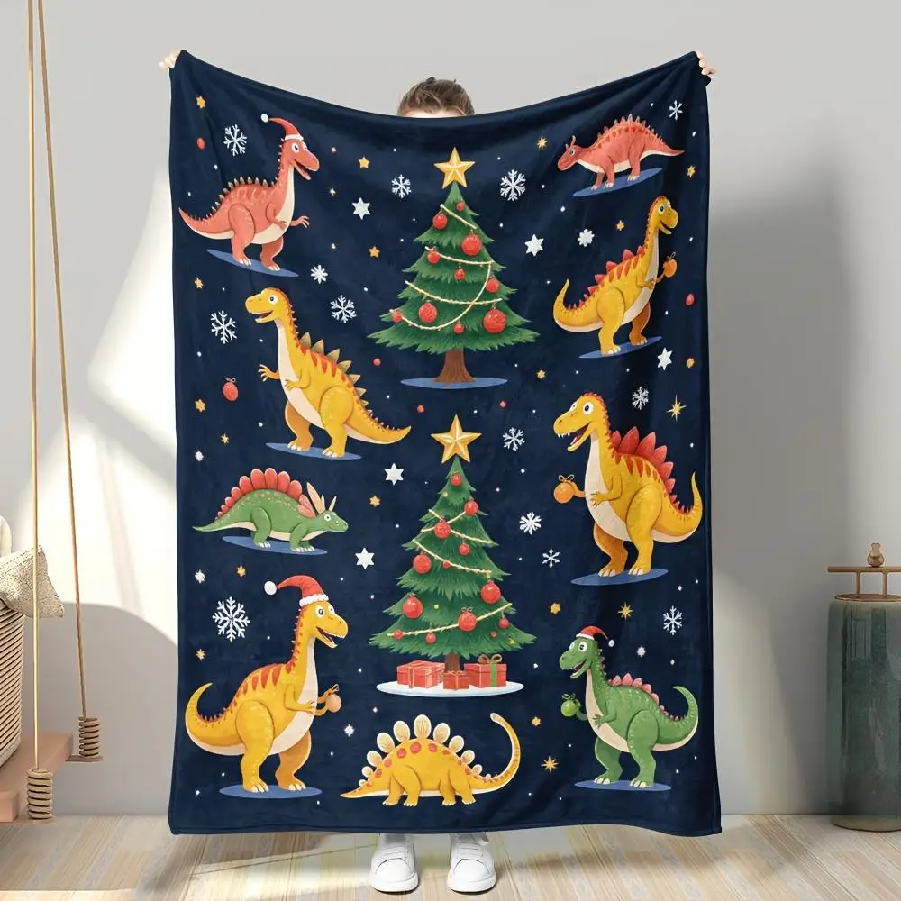 Cute Dinosaur Christmas Blanket Throw 150x230cm Holiday Winter Gift for Kids Family Nursery Bedding Decoration