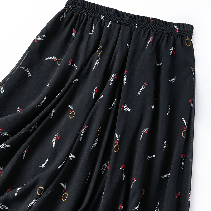 Women Silk Skirt 100% Mulberry Silk Black With Double Lining Summer Beach Elastic Waist Vacation Skirts Office Lady Party M1550