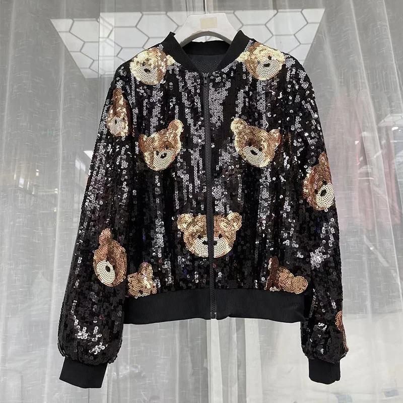 Tide Brand Women\'s Clothing Cartoon Bear Sequined Long Sleeve Loose Baseball Collar Zipper Coat Women\'s 2023 Spring New Jacket