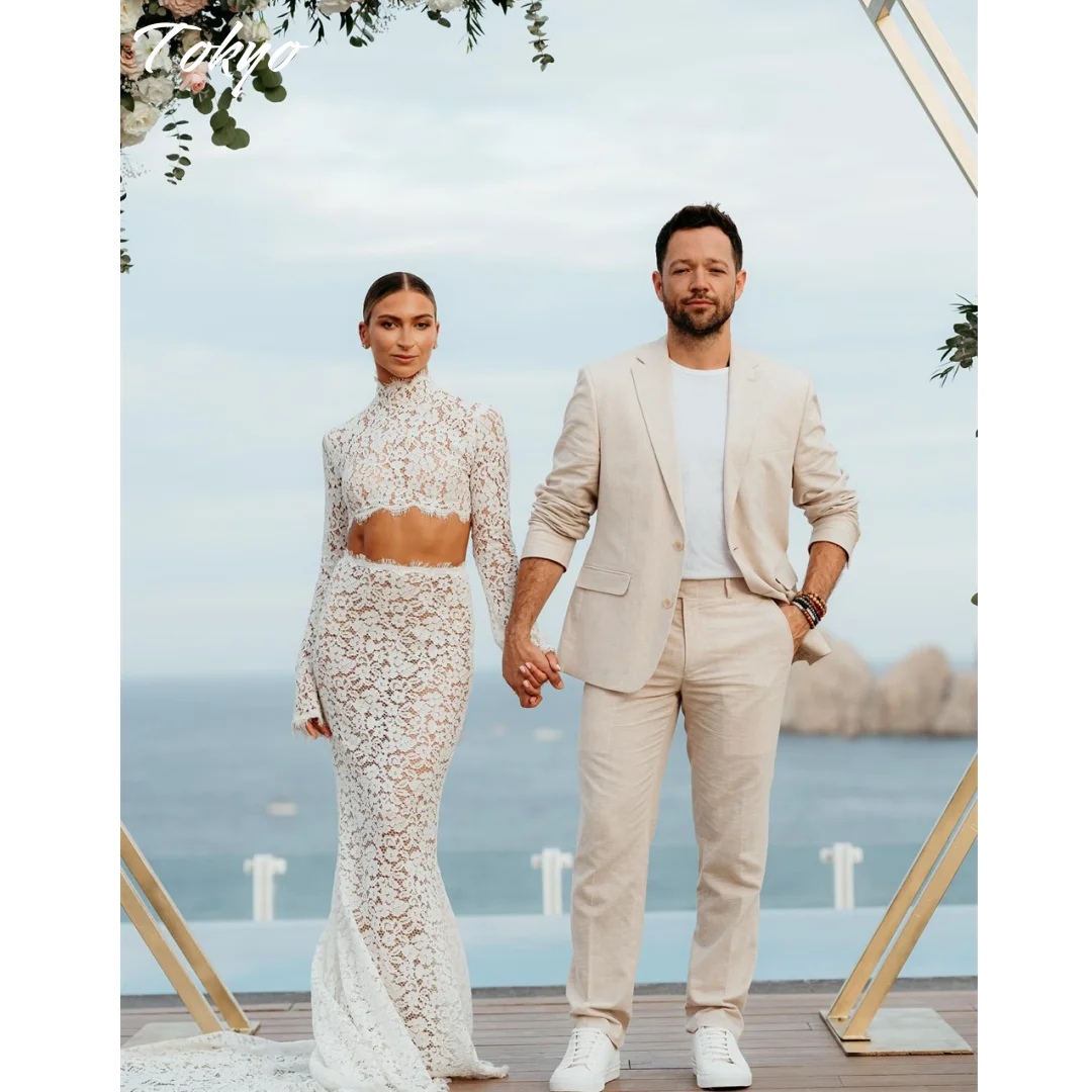 طوكيو مخصص الأبيض الرقبة العالية فساتين الزفاف كم طويل الدانتيل حورية البحر زي العرائس 2025 أنيقة ذيل محكمة فساتين الزفاف