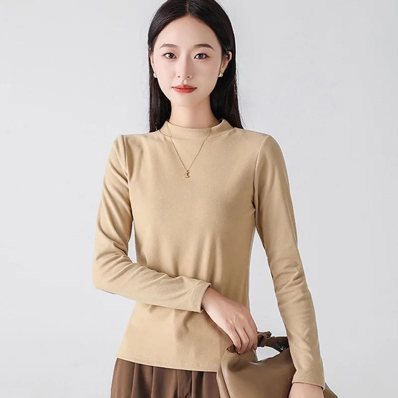 Autumn Winter Fleece Lined Pullovers for Women Crew Neck Long Sleeve Bottoming Shirt Woman Basic Solid Color Pullover Female