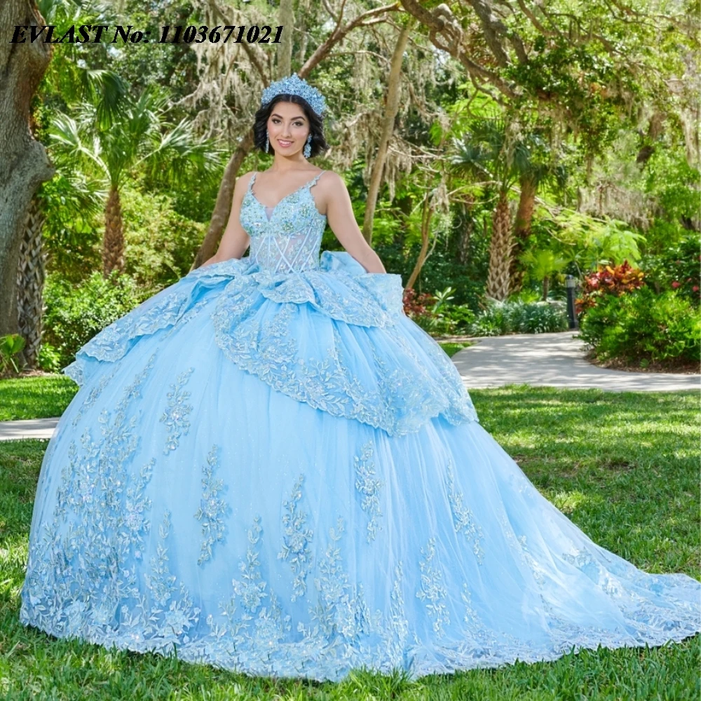 فستان Quinceanera مخصص من EVLAST فستان حفلة لامع مزين بالدانتيل مطرز بالخرز كيب متدرج مشد فيستدوس دي XV Anos SQ302