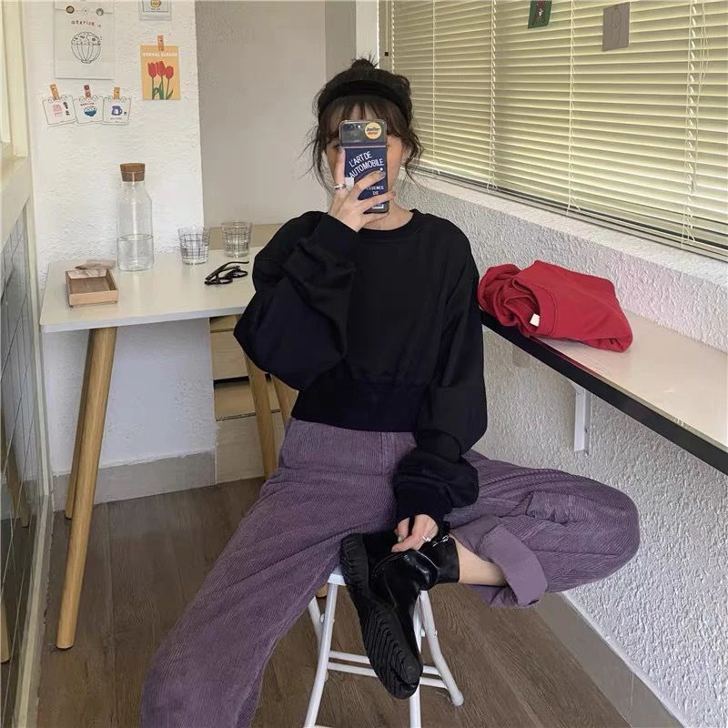 Cropped Sweatshirts Women Streetwear Solid Casual Hoodies Korean Harajuku Long Sleeve O Neck Loose All Match Pullover Tops New