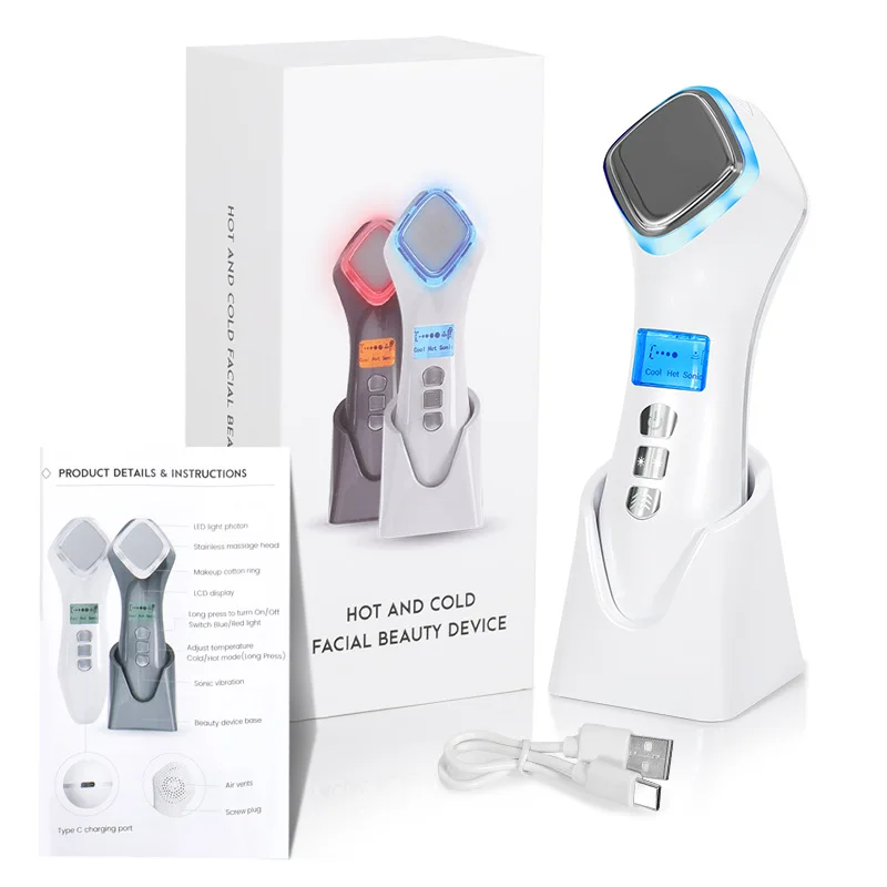 

Red Blue Light Vibration Facial Massager Beauty Device Face Lifting Device Skin Tighten Wrinkle Removal Hot Cool Face Skin Care