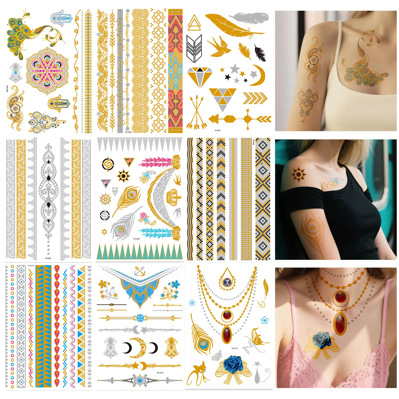 

15-листовые золотые временные татуировки-наклейки, прочный дизайн для боди-арта, легко наносится и снимать, водонепроницаемые временные татуировки