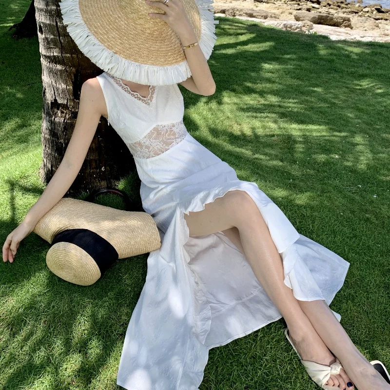 Vaion Sle Lace Splice Floral Cutout Women's Dr Asymmetrical Hemline White Long Vest Skirt High Waist Chiffon Gown