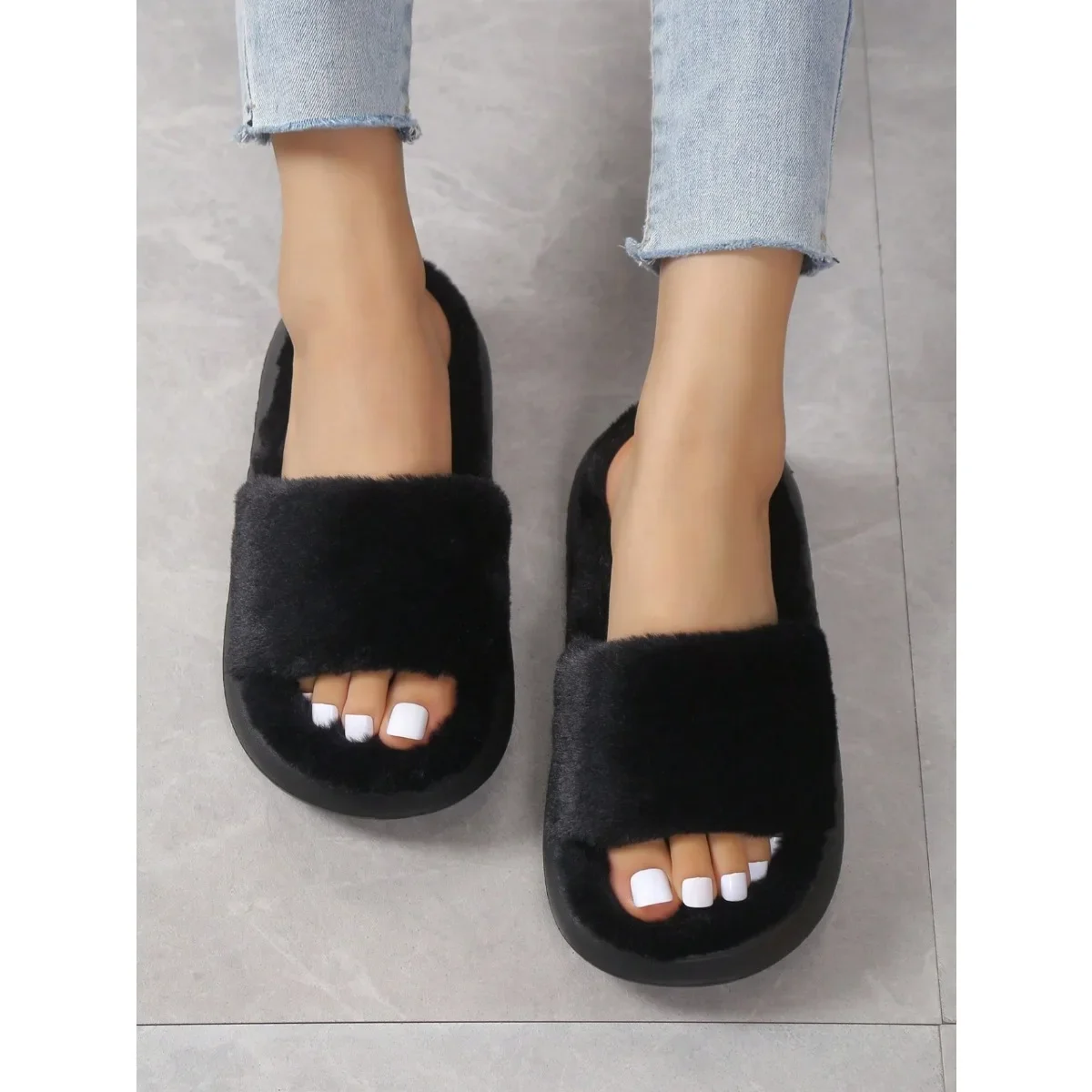 Winter Women House Slippers Faux Fur Fashion Warm Shoes Woman Anti-slip Flats Female Slides Black Pink Cozy Home Furry Slippers - view 5