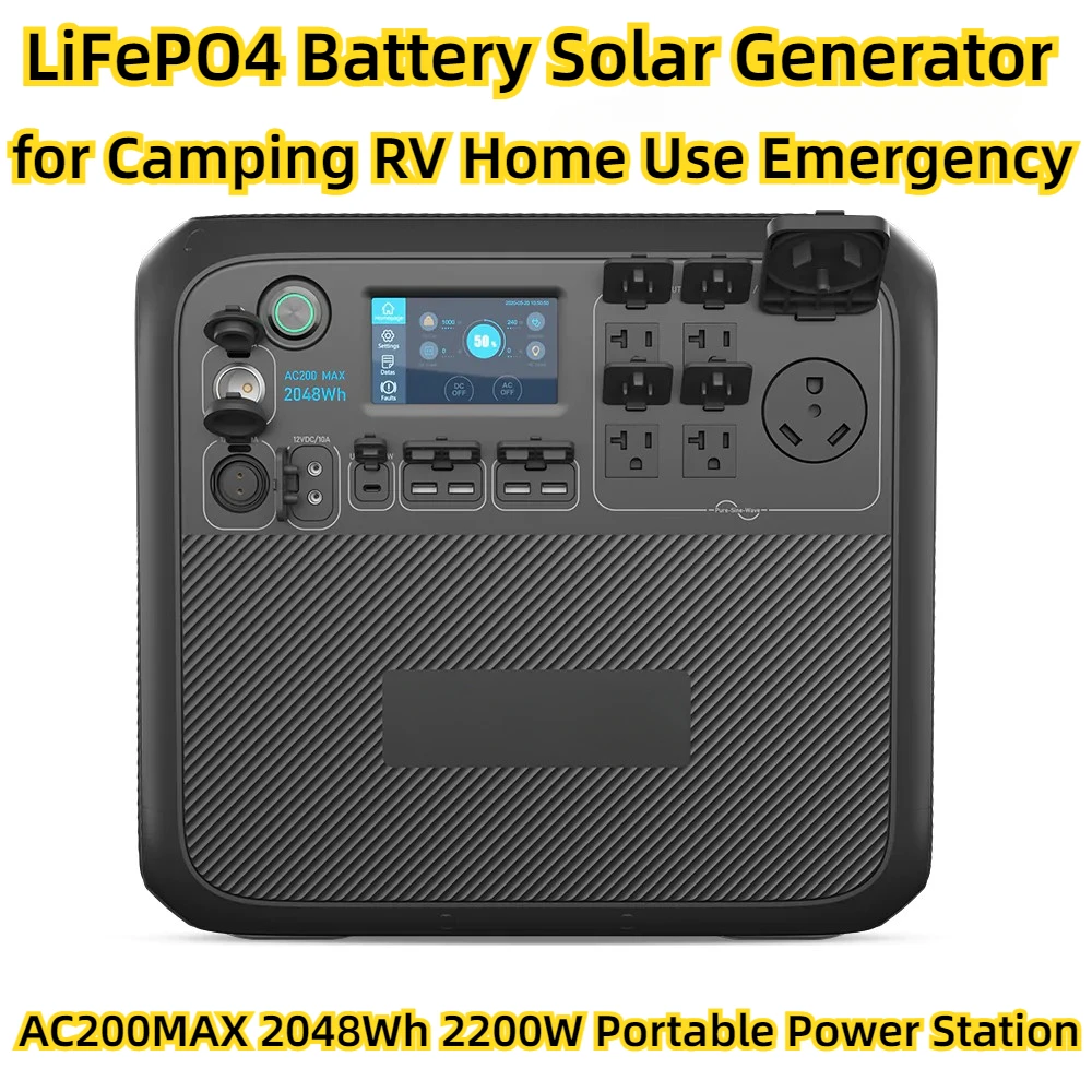 LiFePO4 Battery Solar Generator for Camping RV Home Use Emergency  AC200MAX 2048Wh 2200W Portable Power Station