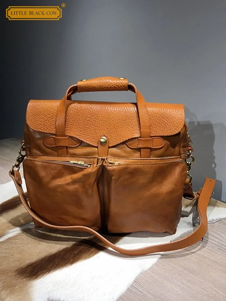 

Men Cowskin Genuine Leather Single Shoulder Crossbody Bag Business Casual Men Handbag Flap Pocket Buckle Satchels Large Capacity
