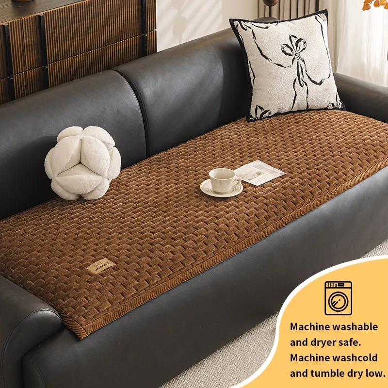 1PC-Cream-colored style short plush sofa cushion, autumn and winter sofa cover, new anti-slip integrated straight row cushion
