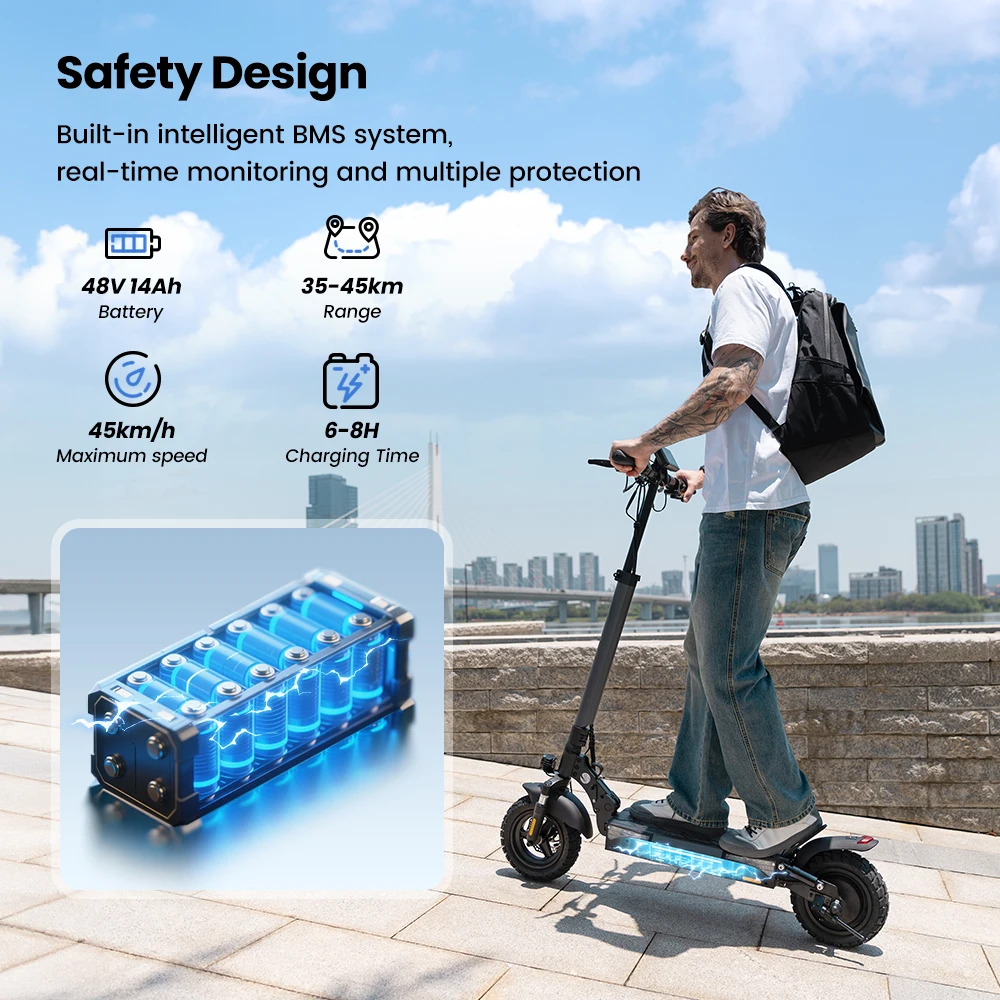 IScooter W9 Elektroroller 1000W Motor 48V14AH Hochleistungs-Lithium-Batterie Unterstützt APP E-Scooter Vordere und Hintere Scheibenbremsen Stadtfahrten Höchstgeschwindigkeit 45KM/H Maximale Reichweite 45KM 10-Zoll-Luftreifen für jedes Gelände Brandneu Original – Detail 4