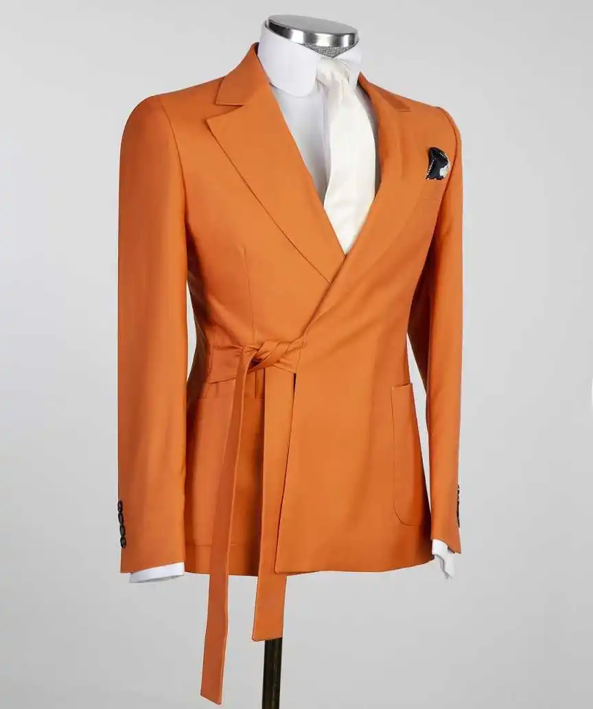 Simple Orange Wedding Tuxedos 1 Piece Set Jacket Drawstring Men Suit Peaked Lapel Fashion Classic Party Suits Customized