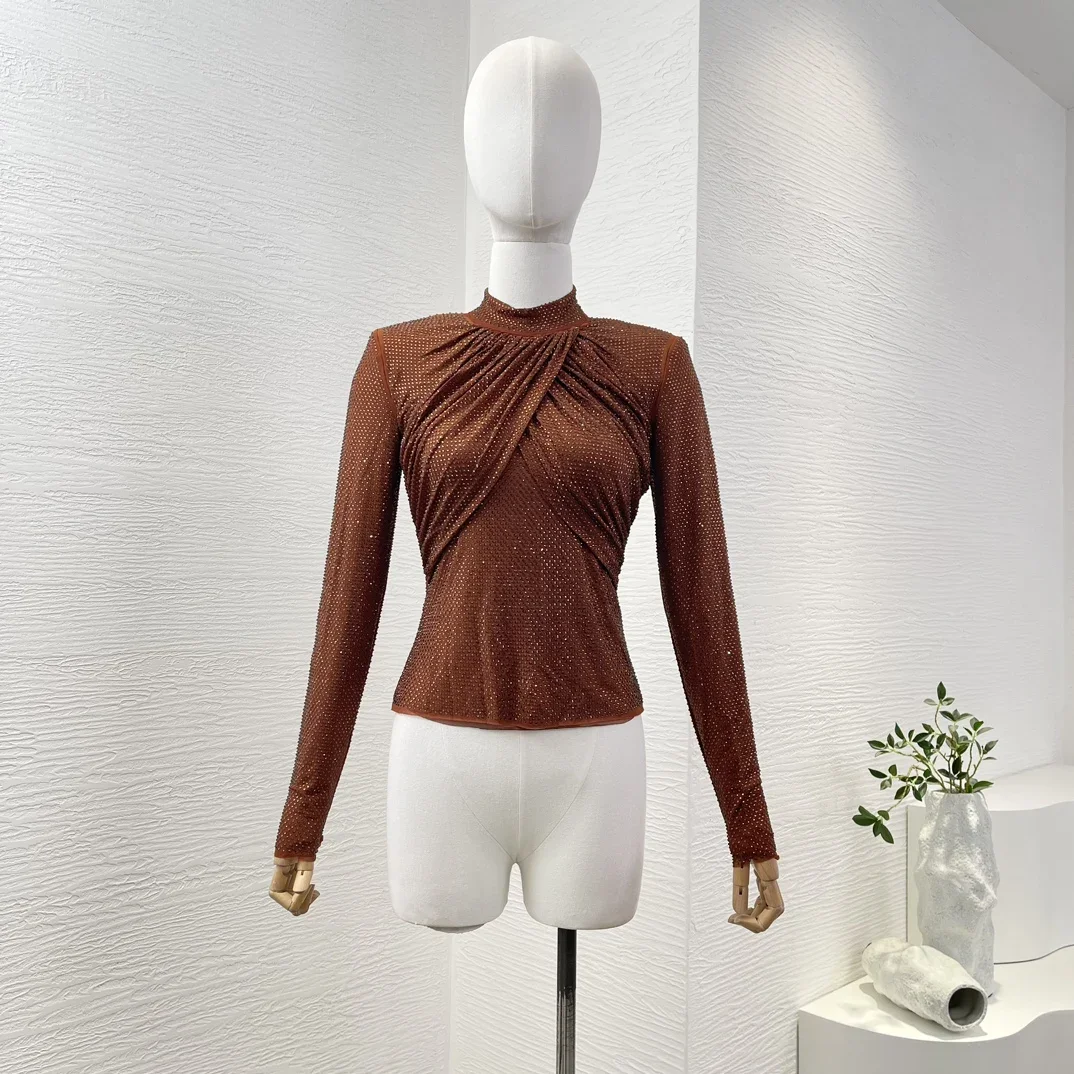 New 2025 White Brown Black Slim Fit Diamonds Pressed Long Sleeve Blouse Tops for Women